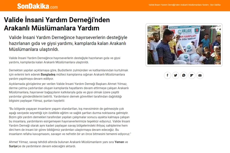 Valide İnsani Yardım Derneği'nden Arakanlı Müslümanlara Yardım