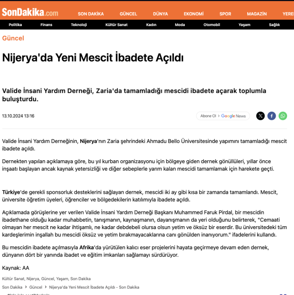 Nijerya'da Yeni Mescit İbadete Açıldı