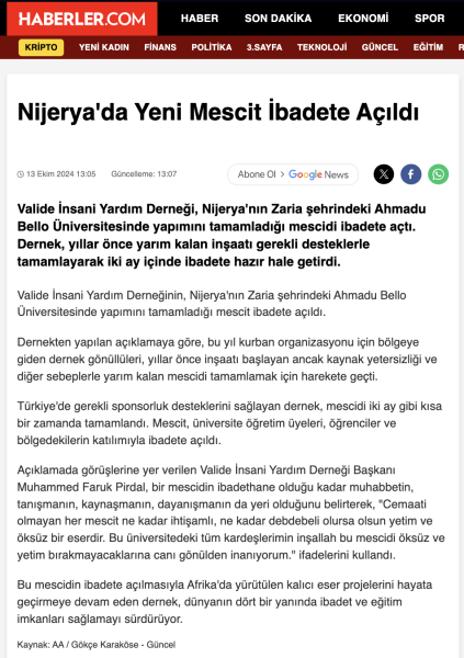 Nijerya'da Yeni Mescit İbadete Açıldı