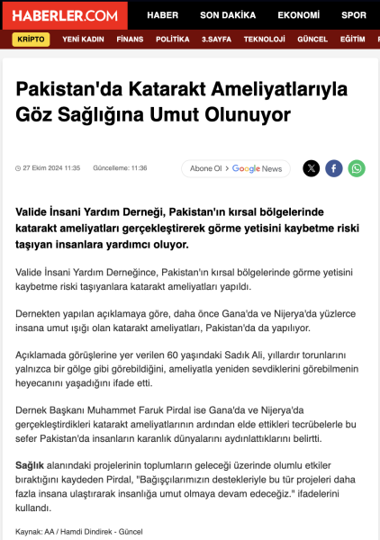 Pakistan'da Katarakt Ameliyatlarıyla Göz Sağlığına Umut Olunuyor
