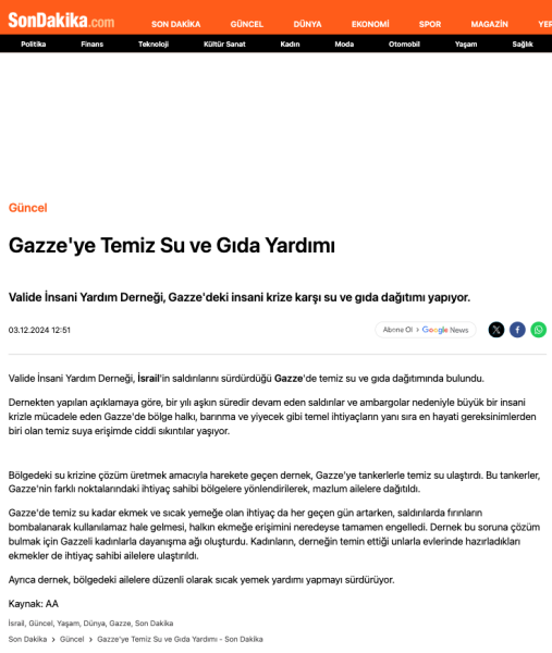 Gazze'ye Temiz Su ve Gıda Yardımı