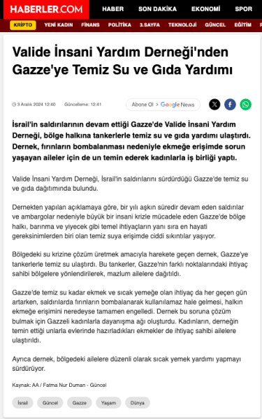 Valide İnsani Yardım Derneği'nden Gazze'ye Temiz Su ve Gıda Yardımı