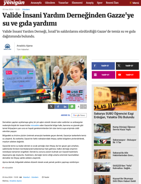 Valide İnsani Yardım Derneğinden Gazze'ye su ve gıda yardımı