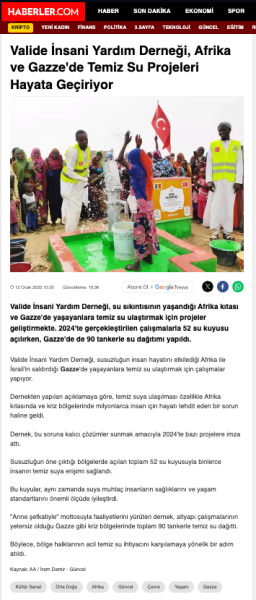  Valide İnsani Yardım Derneği, Afrika ve Gazze'de Temiz Su Projeleri Hayata Geçiriyor