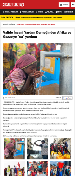 Valide İnsani Yardım Derneğinden Afrika ve Gazze'ye “su” yardımı